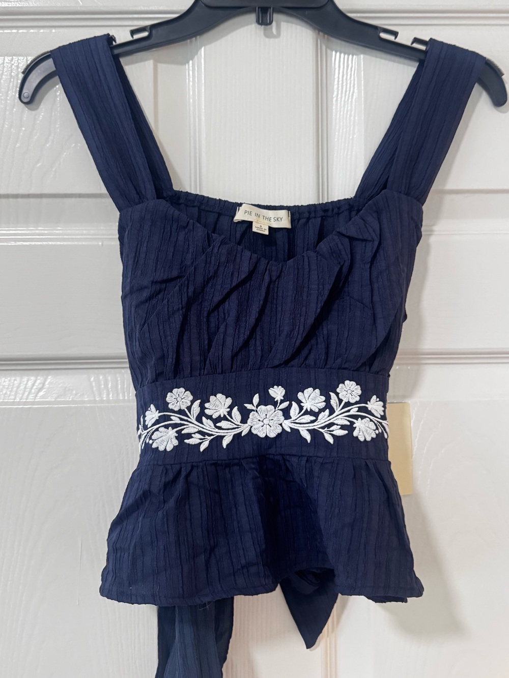 Blue crop top white floral embroidery waist tie band tie back beautiful